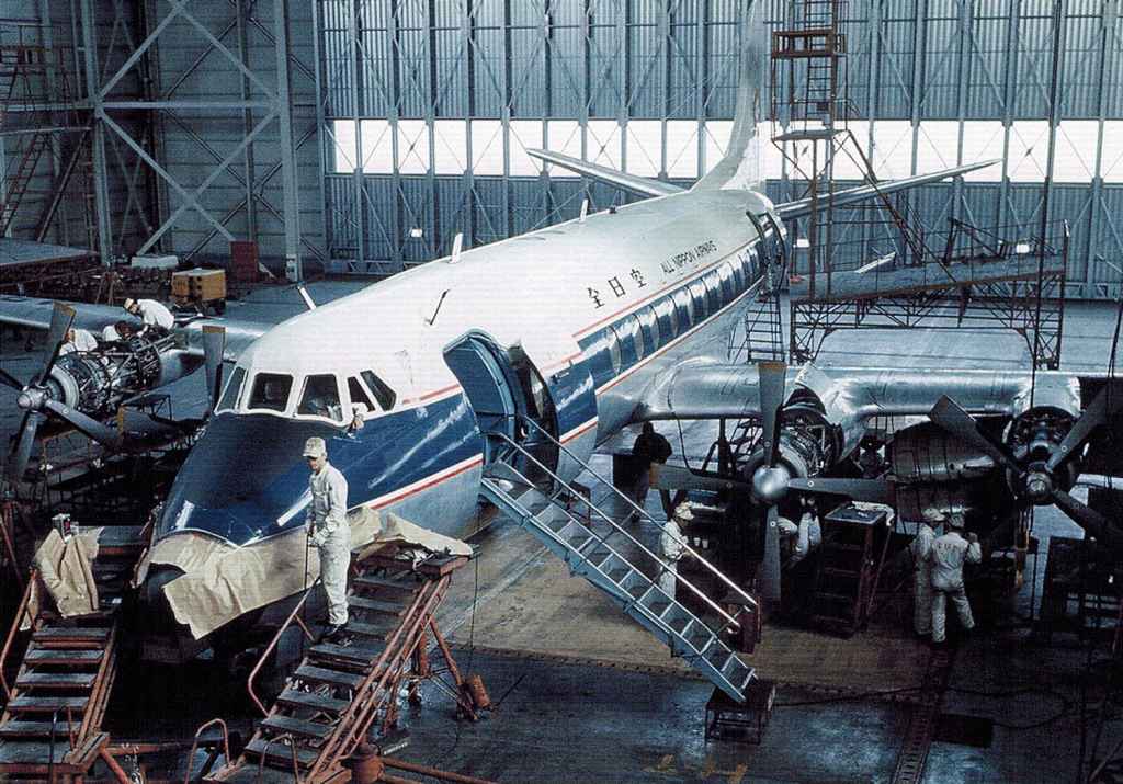 All Nippon Vickers Viscount 828 in the hangar early 1960s