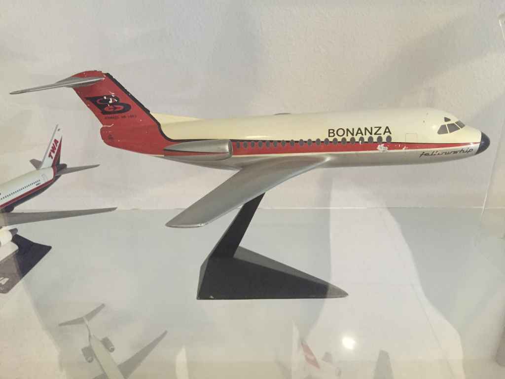 Bonanza Air Lines Fokker 28 1/72 metal model made by Verkuyl, circa mid 1960s. This is a demonstration model made for Fokker. Bonanza never did take delivery of Fokker 28s.