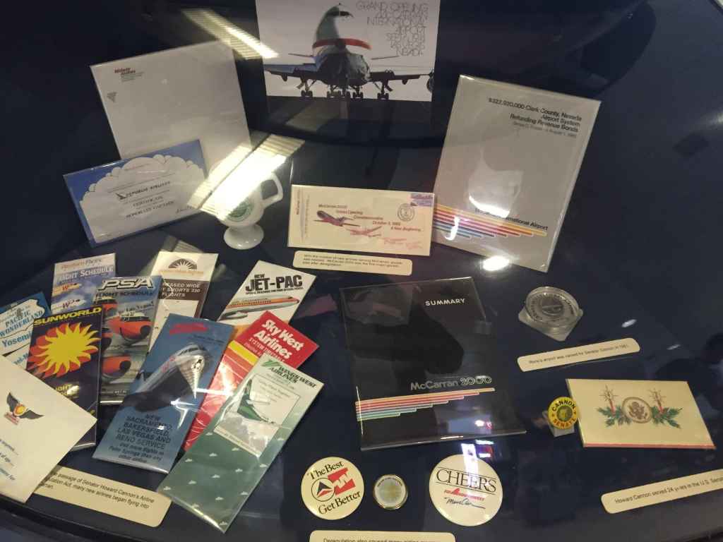 An assortment of 1970s and 1980s ephemera from airlines that served Las Vegas during that era, including Air California, Sunworld, Pacific Express, Republic Airlines, and Western Pacific.