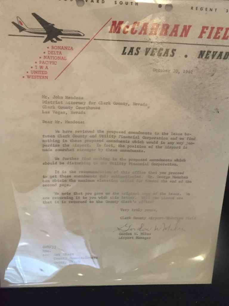 A letter from McCarran Airport to Clark County DA dated October 30, 1962, regarding property lease details between the airport and the county.