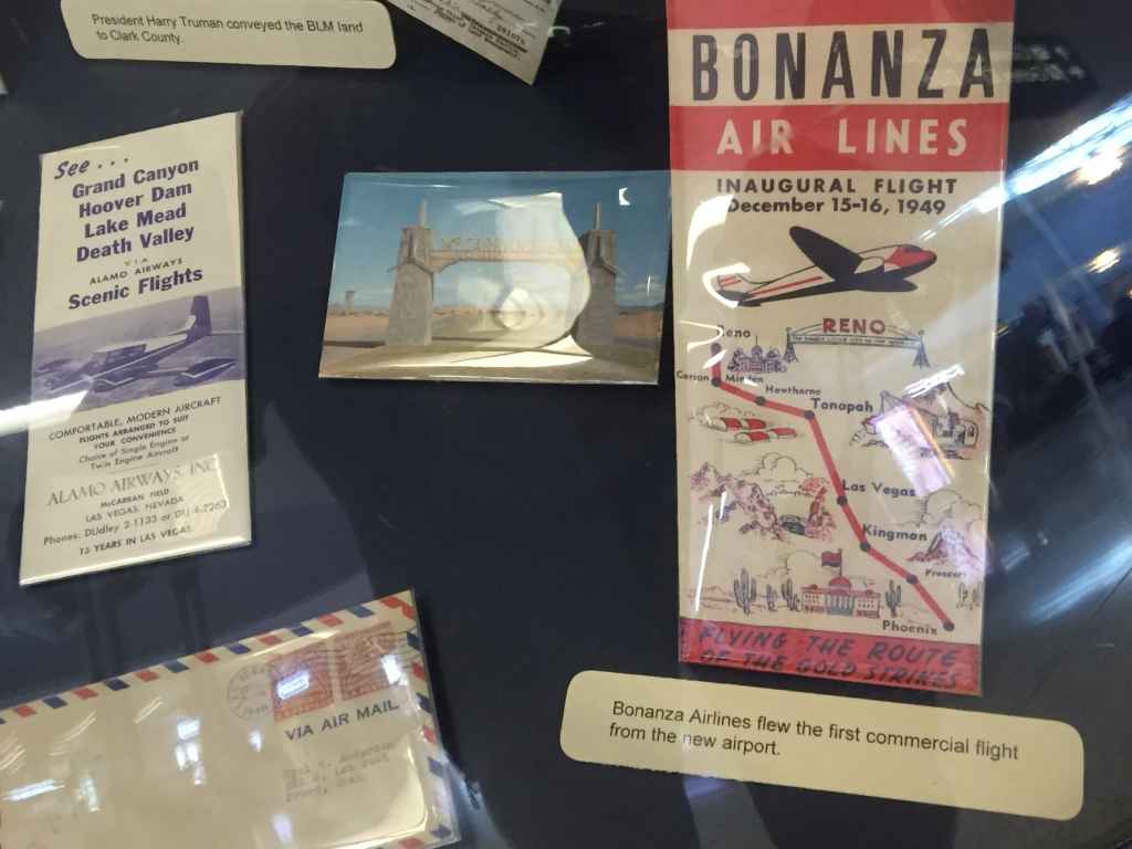 It was Bonanza Air Lines that flew the first commercial flight from the new Las Vegas airport on December 15-16, 1949, as promoted on this period timetable issued by the airline.