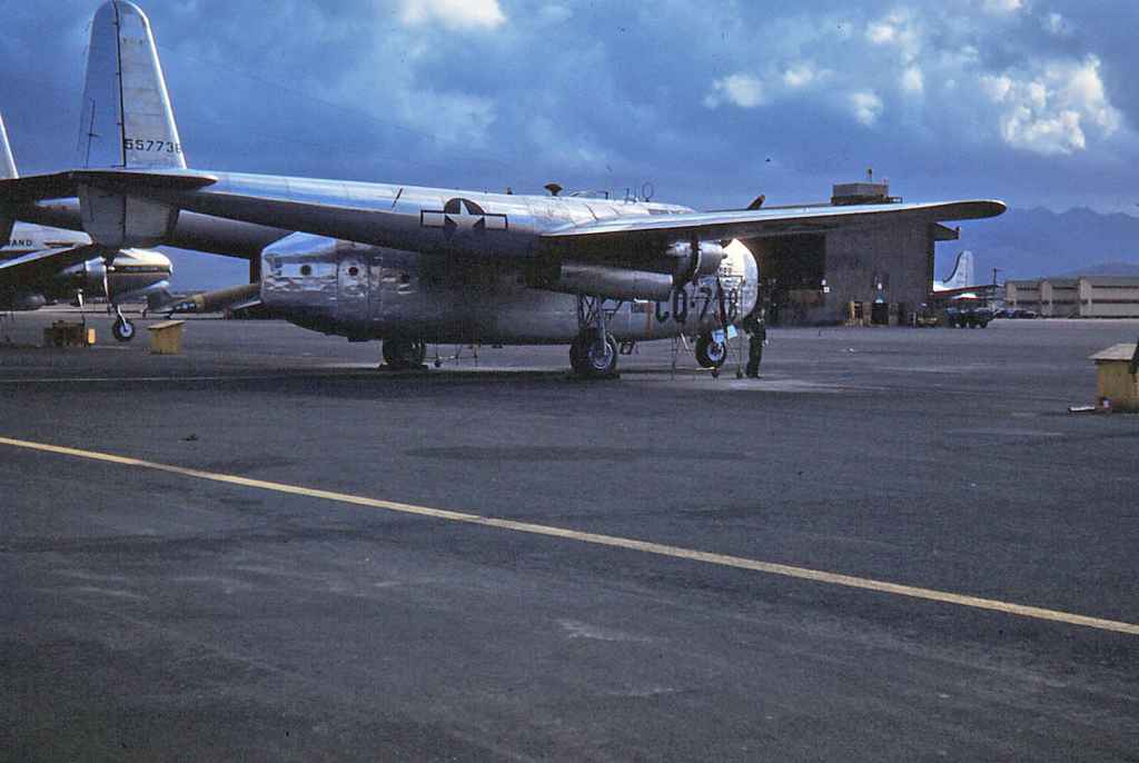 US Air Force C-119 Flying Boxcar is serviced on the ramp at Hickam Air Force Base in Holoulu, Hawaii, circa early 1950s.
