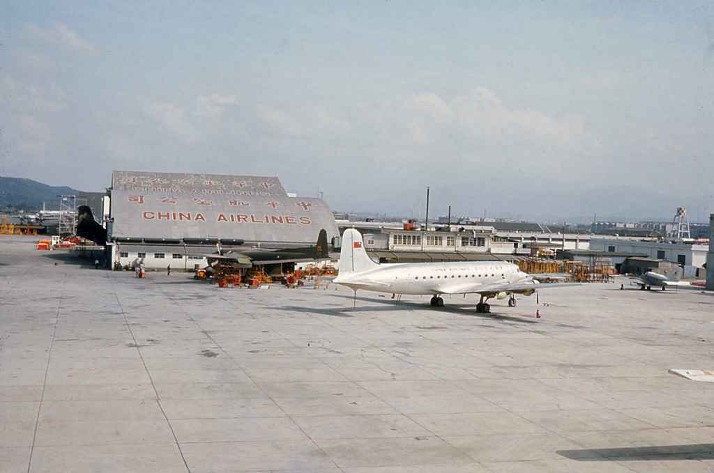 China Air Lines DC-4 at company hangar at Taipei Sung Shan airport 1971.