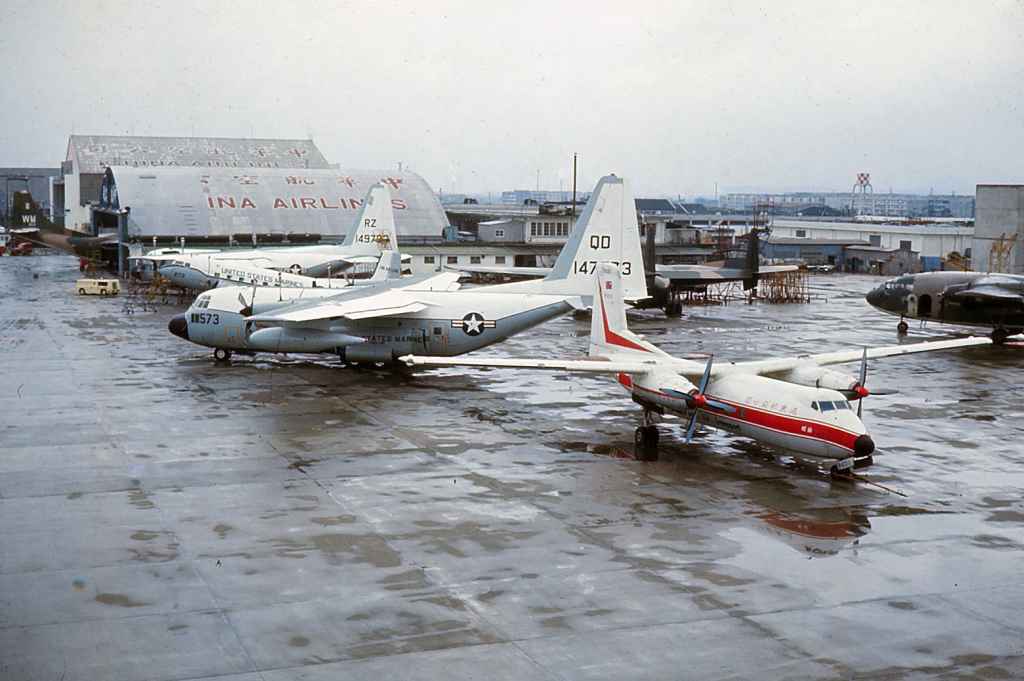 Awesome view of FEAT Far Eastern Air Transport Dart Herald B-2011 at Taipei Sung Shan airport circa 1971. Notice all the USAF military transports parked at the "INA AIRLINES" hangar. A fictitious name most likely, as these aircraft were receiving maintenance here in support of the Vietnam War efforts.