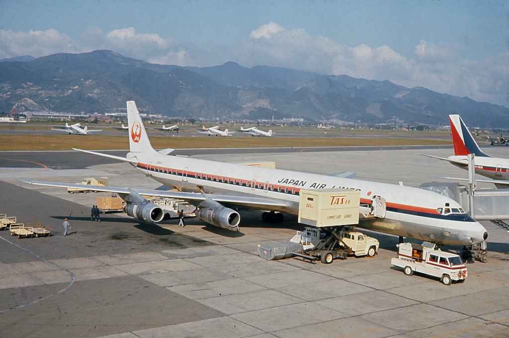 Japan Air Lines DC-8-61 JA8041 scheduled service at Taipei Sung Shan airport 1971.