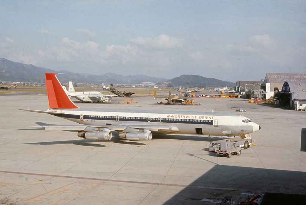 Northwest Orient Boeing 707-351 N366US on a Vietnam War troop charter at Taipei Sung Shan airport circa 1971.