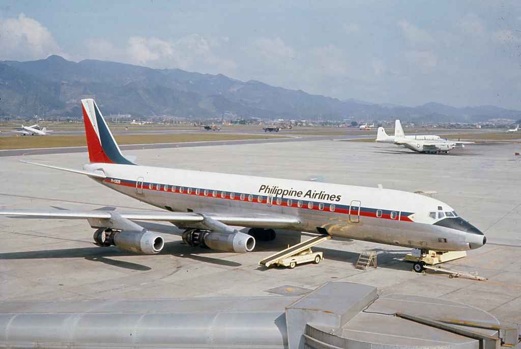Philippine Airlines DC-8-30 PI-C829 operating a sked service from Manila at Taipei Sung Shan airport circa 1971.