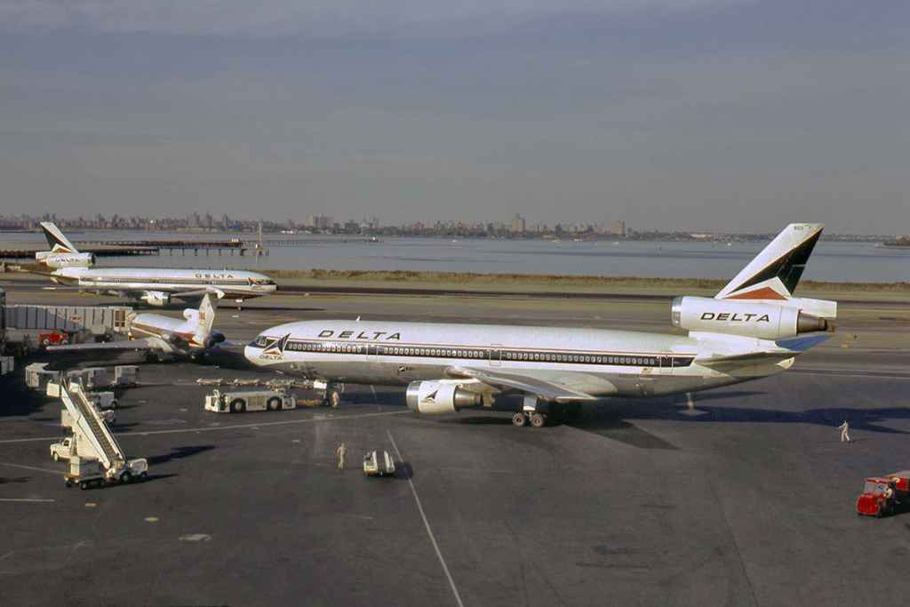 Delta DC-10s at La Guardia New York September, 1973. Slide by Ron Kosys.