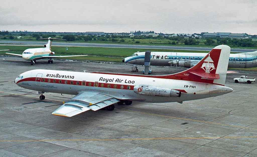 Royal Air Lao Se210 XW-PNH Caravelle at Bangkok 1975. Photo by Ron Kosys.