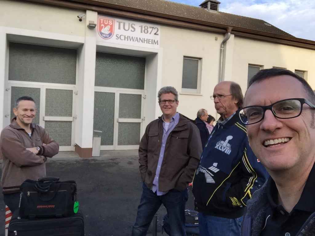 Andreas Stryk, Hamish Telford, name not known, and Henry Tenby await the doors to open Saturday morning at the Schawnheim airline show, November, 2015.