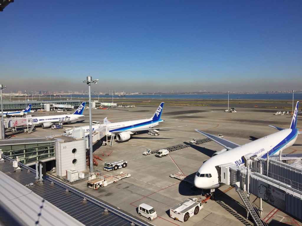 ANA big boys on the gates at Tokyo Haneda ANA Terminal 2 with Tokyo Bay in the background.