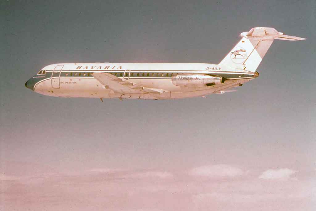 Bavaria BAC One Eleven Fun Jet D-AILY inflight circa early 1970s.