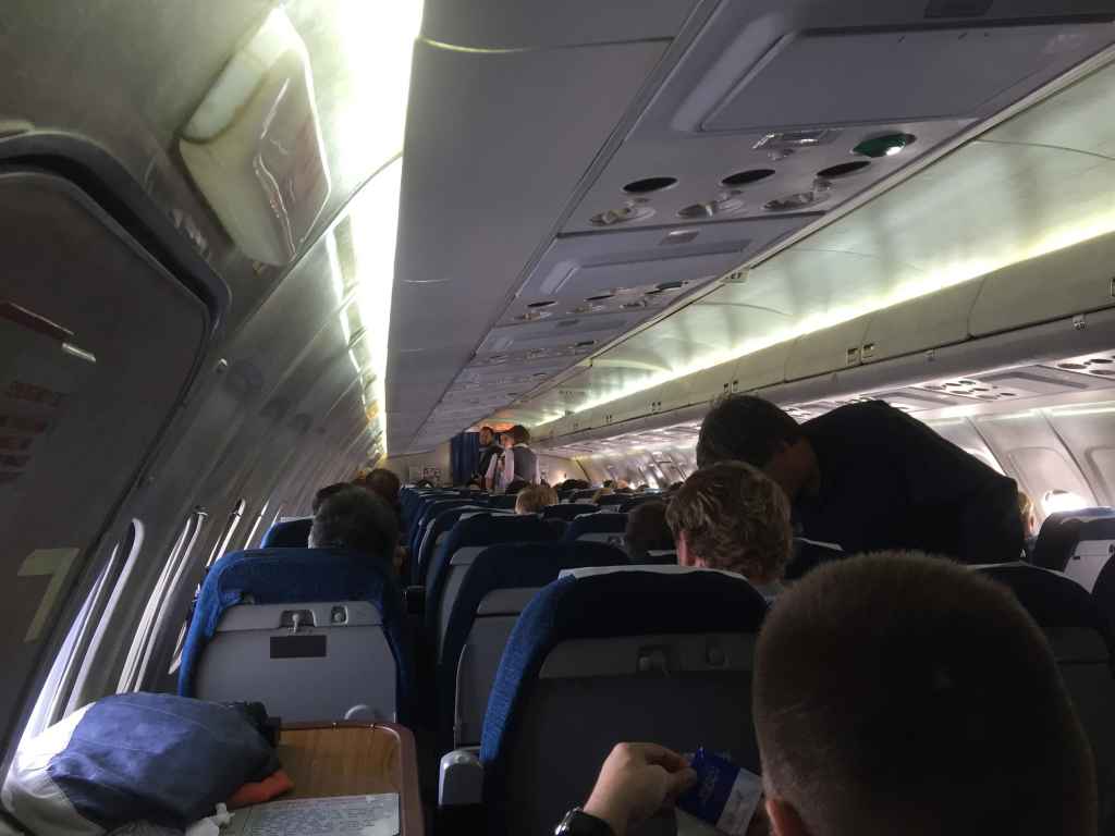 Cabin view looking forward from the rear most seat in the Belavia Tu154.