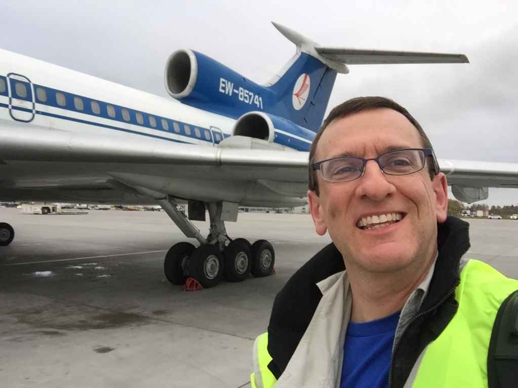Henry Tenby selfie with Belavia Tu154 on Saint Petersburg apron. Someone needs Botox!