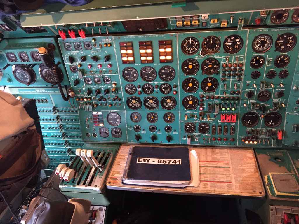 The log book of Belavia Tu154 EW-85741 sits on the navigator's desk, after our return from Saint Petersburg.