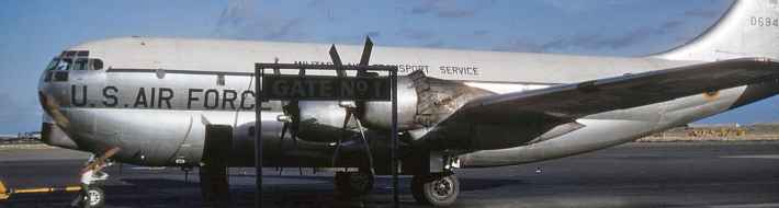 Hickam AFB Honolulu in 1940s and 1950s Vintage Color Slides Discovered Looking good! A USAF MATS C-97 Boeing Startocruiser 0694 having just arrived either from the West Coast or the Far East. Here passenger door is open and she rests at Hickam's "Gate No 1" in this period early 1950s kodachrome view.