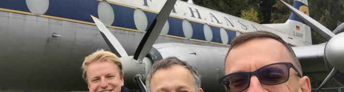 Hermeskeil Aviation Museum Germany Visit November 2018 Niels Dam, Andreas Stryk and Henry Tenby captured in the optimal selfie with the Lufthansa Viscount 800 as the backdrop. At the Hermeskeil aviation museum in Germany.