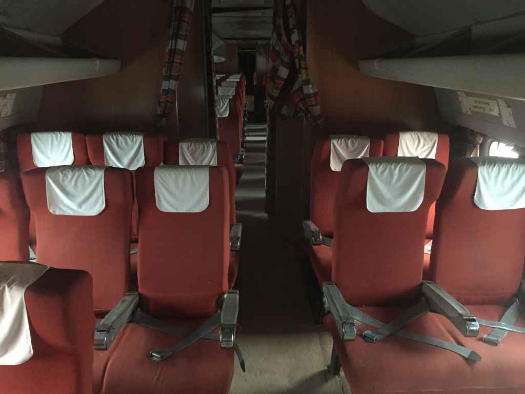 Cabin view aboard the Interflug IL-18 DDR-STH at the Hermeskeil aviation museum in Germany.