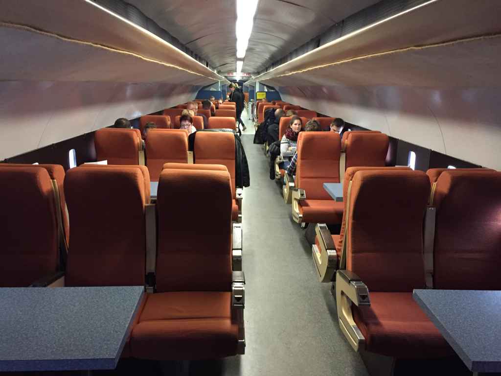Inside cabin view of the 1960s era static Concorde mock-up at the Hermeskeil aviation museum in Germany.