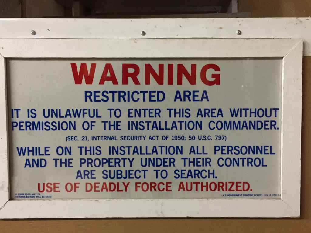 A 'to-the-point" no BS US Military Base restricted area warning sign from the 1950s! At the at the Canadian Museum of Flight in Langley, BC.