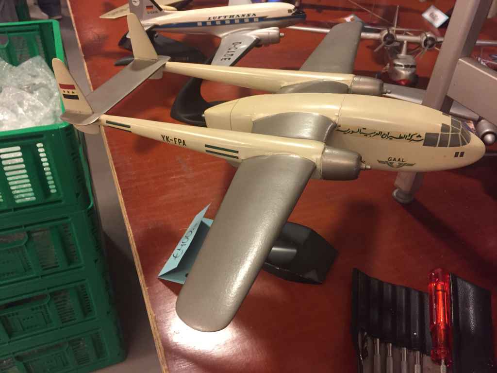 Nice top view of what is believed to be a wooden ID model of a C-119 that was possibly refinished by Verkuyl into Syrian Arab Airlines livery. It sits on a Verkuyl base.