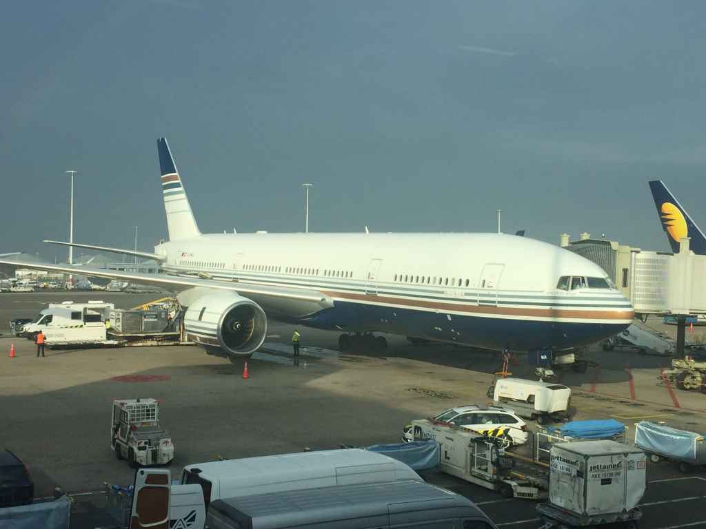 Privilege Triple Seven 300ER "Auria" at Amsterdam Schiphol airport viewed from the boarding gate.