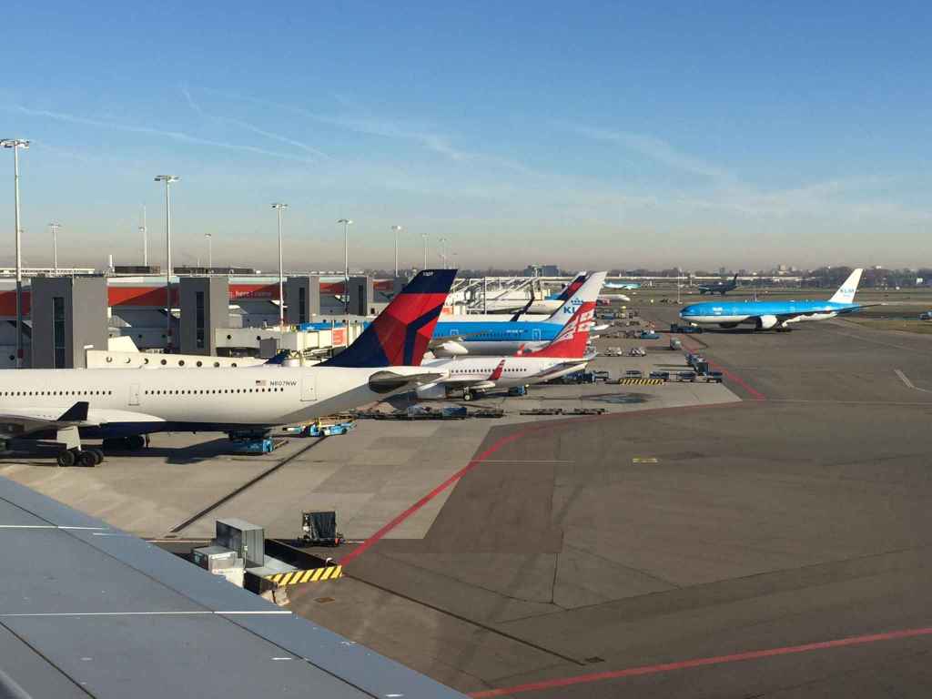 Another fine view of the busy activity at Amsterdam Schiphol airport as viewed from the lovely open air observation terrace.