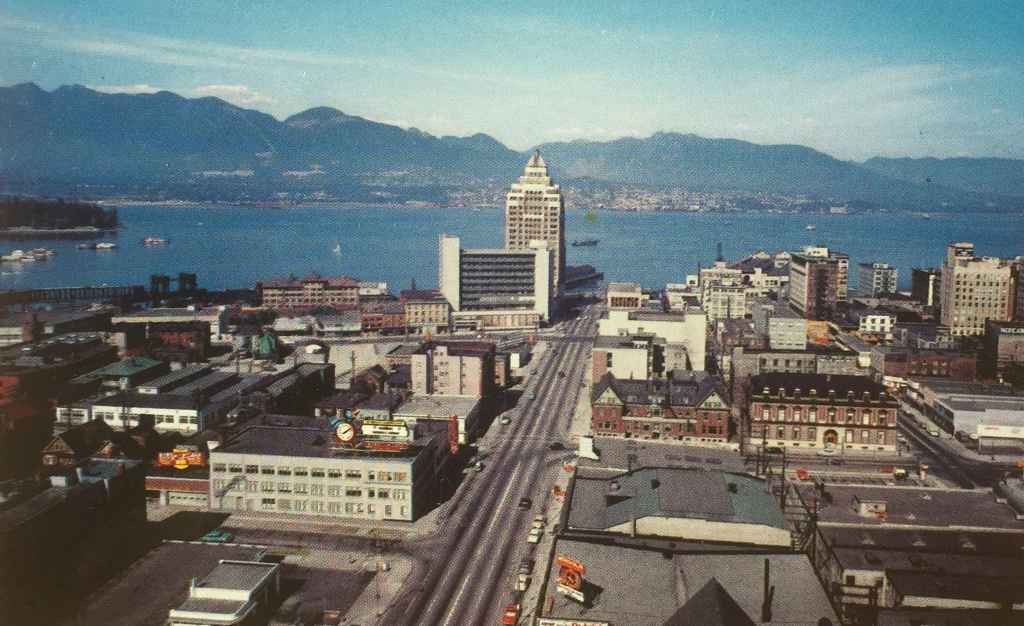 The Customs and Marine Building on the waterfront at the north end of Vancouver's Burrard Street, stands majestic against the city's vibrant harbour. Notice how empty the now traffic clogged Burrard street was in the mid 1950s! According to the caption on the back of the card "The North Shoreline Mountains are snow-covered most of the year and form excellent skiing grounds. Two electric ski lifts make this ski playground famed throughout the Northwest." (Postcard published by Vancouver Magazine Services LTD., Vancouver, B.C.)