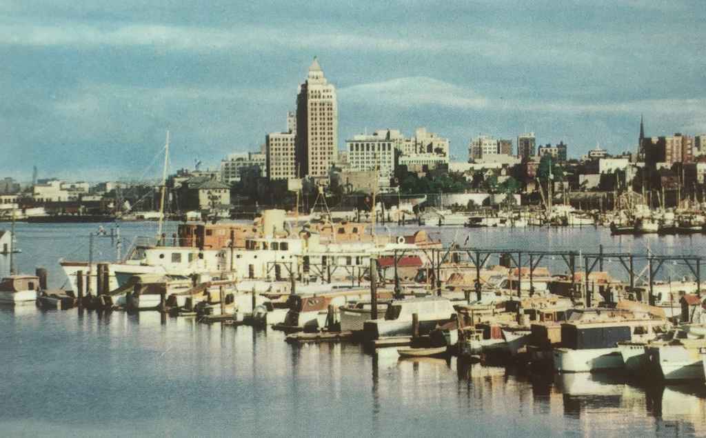 Vancouver Waterfront Coal Harbour as viewed from Stanley park circa 1954. In the foreground are boats belonging to the Burrard Yacht Club. In the background can be seen the prominent Marine Building, the then tallest building in Vancouver. (Postcard published by Vancouver Magazine Services LTD., Vancouver, B.C.)
