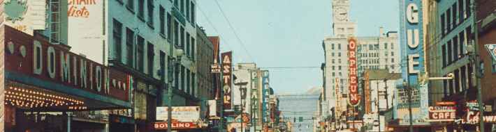 Vancouver’s Vibrant Neon Filled Downtown and Theatre District in Colour Circa 1953-1955 Granville Street Vogue and Orpheum Theatres circa 1954. Granville is Vancouver's busiest and most colourful street, showing the heart of the city's vibrant theatre district, with its numerous neon signs. (Grant-Mann Lithographers LTD "COLOR CARD" division, Vancouver, BC)
