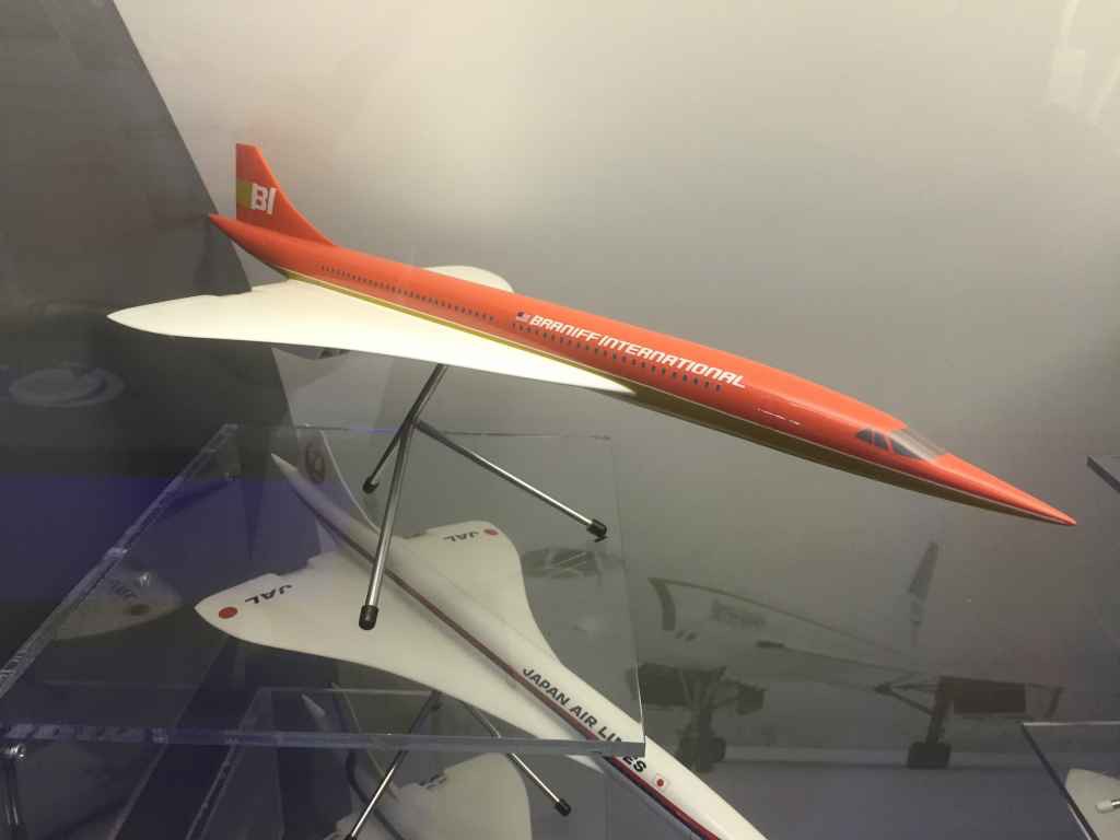 Braniff International Anglo French Concorde proposal model 1/72 by Westway Models, circa early 1970s, on display on board the Concorde at the Brookands Museum in Weybridge, Surrey, UK.