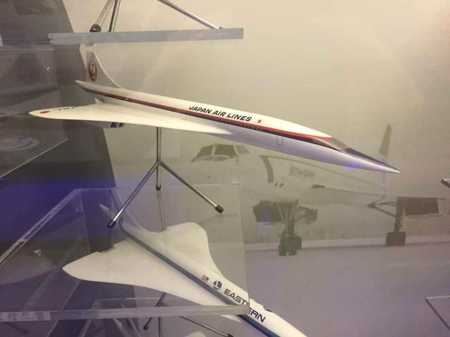 Japan Air Lines Anglo French Concorde proposal model 1/72 by Westway Models, circa late 1960s, on display on board the Concorde at the Brookands Museum in Weybridge, Surrey, UK.