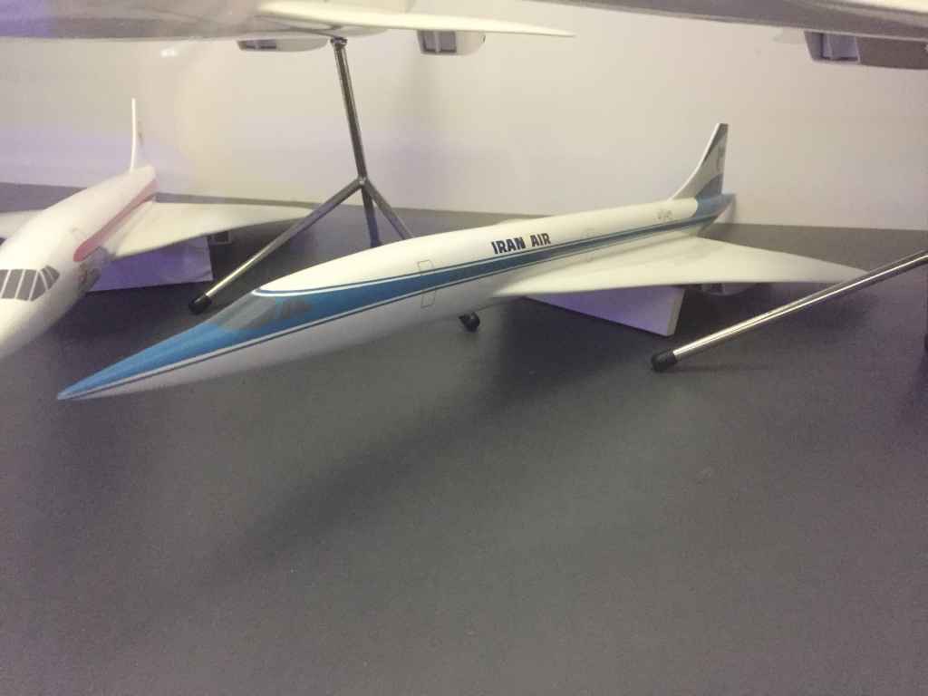 Iran Air Anglo French Concorde proposal model 1/72 by Westway Models, circa late 1960s, on display on board the Concorde at the Brookands Museum in Weybridge, Surrey, UK.