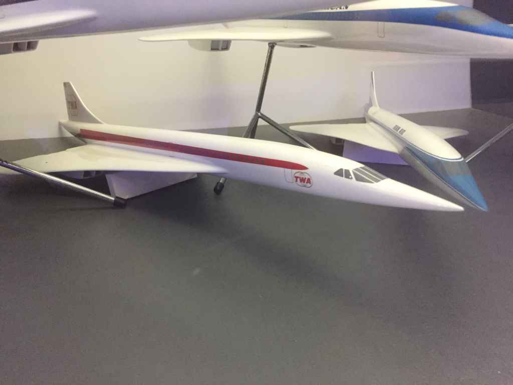 TWA Anglo French Concorde proposal model 1/72 by Westway Models, circa mid 1960s, on display on board the Concorde at the Brookands Museum in Weybridge, Surrey, UK.