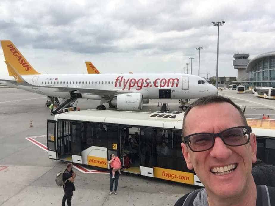 Henry Tenby at Sabiha Gökçen airport Istanbul boarding a Pegasus domestic flight.