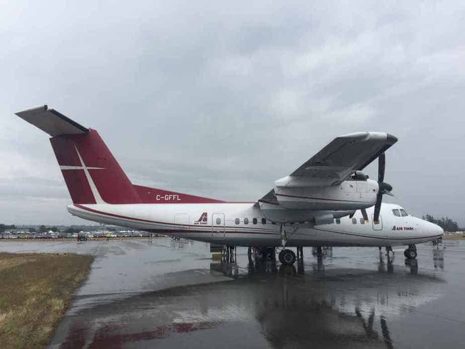 The Air Tindi Dash-7 at rest on the Abbotsford ramp shortly after our arrival, under cloudy and rainy skies at the Abbotsford airport.