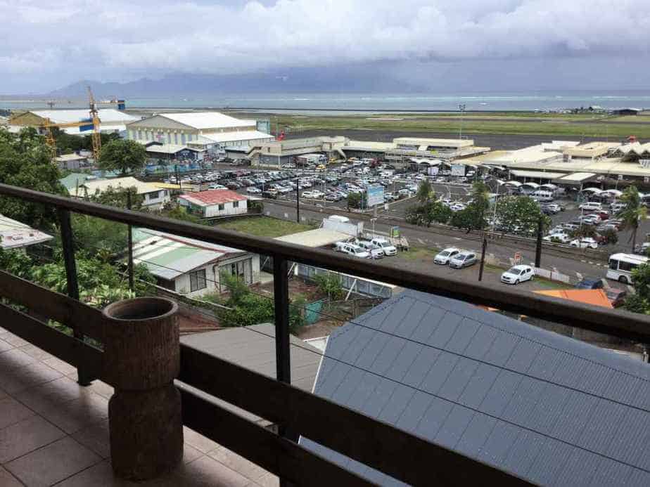 Balcony view of Tahiti’s Faaa airport from the Tahiti Airport Hotel.
