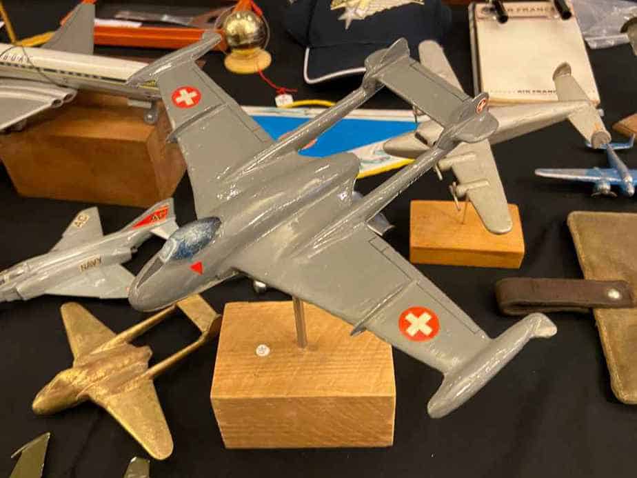 A 1/48 scale Swiss Air Force De Havilland Vampire model in metal.