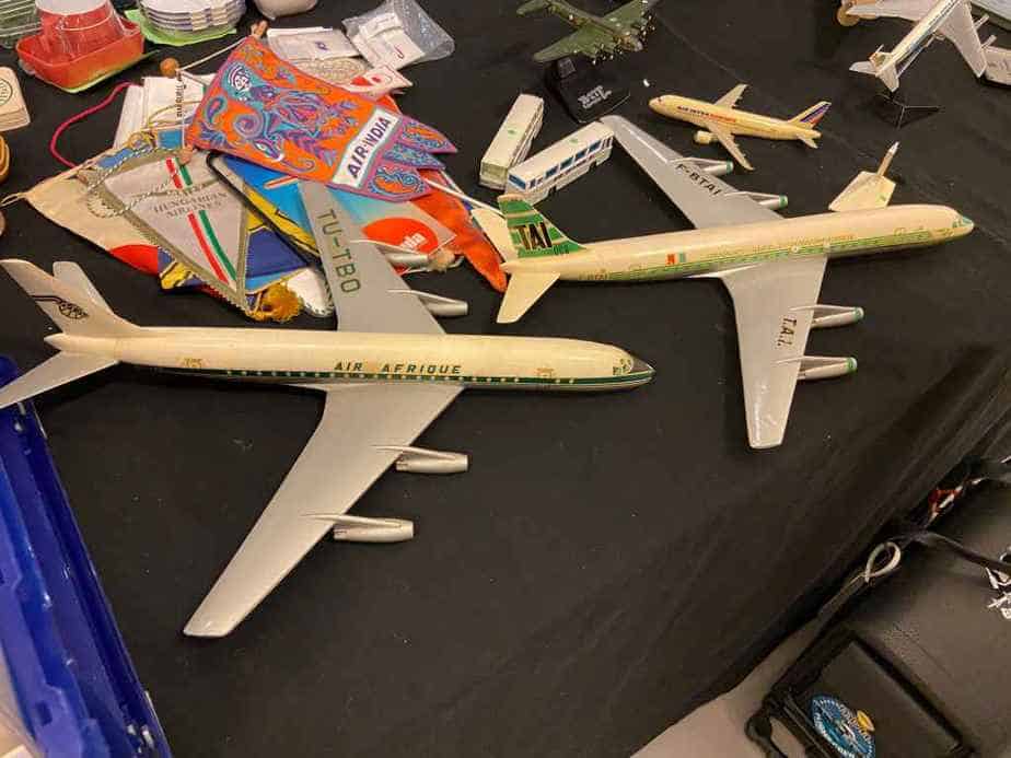 Two 1/100 plastic DC-8 models from France, for sale at 100 Euros each at the 2020 Amsterdam Aviation Collectors Fair.