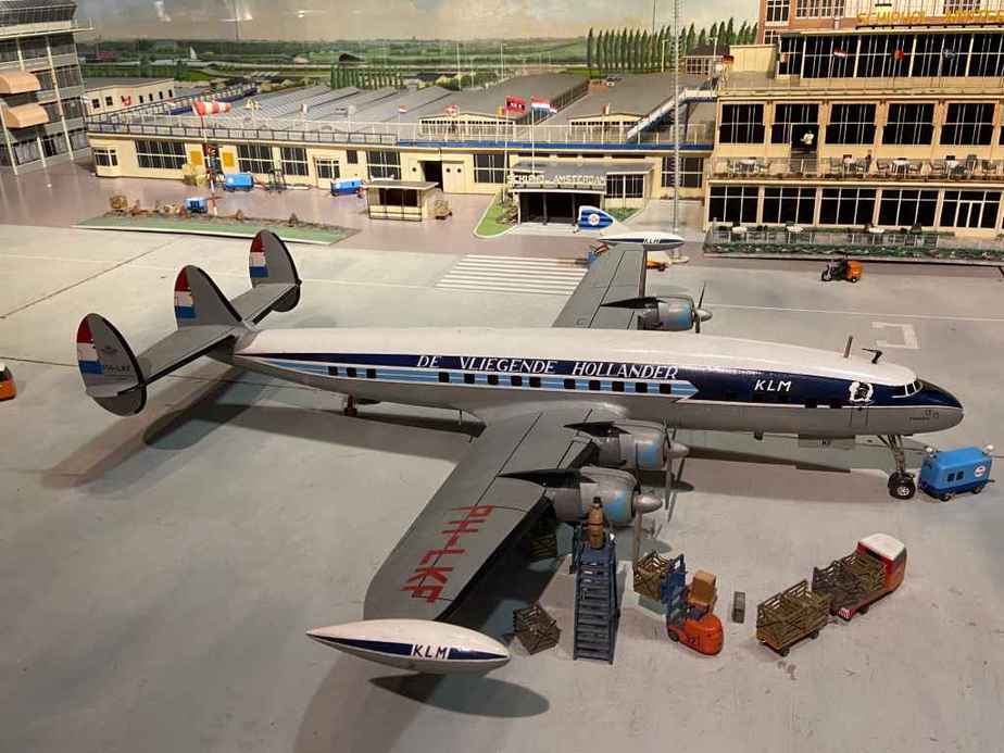 KLM Lockheed L-1049 Super Constellation in 1/50 scale as part of the Amsterdam Schiphol airport re creation at the Aviodrome Aviation Museum. This model was likely made by Matthias Verkuyl, circa 1960.