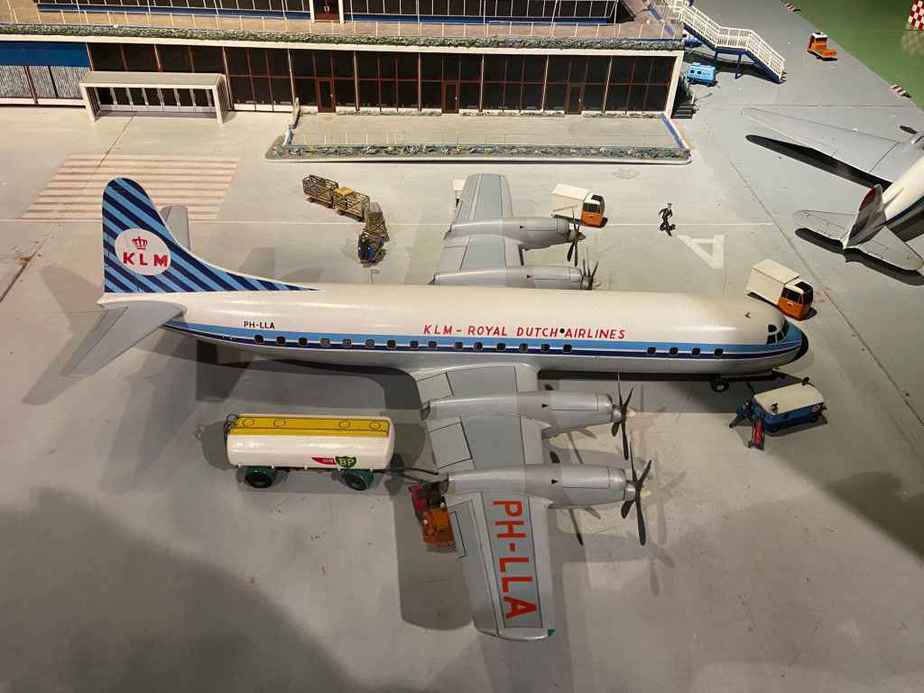 KLM Lockheed L-188 Electra in 1/50 scale as part of the Amsterdam Schiphol airport re creation at the Aviodrome Aviation Museum. This model was likely made by Matthias Verkuyl, circa 1960.