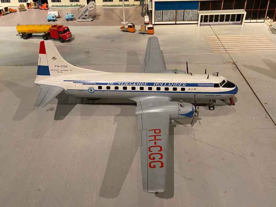 KLM Convair 340 in 1/50 scale as part of the Amsterdam Schiphol airport re creation at the Aviodrome Aviation Museum. This model was likely made by Matthias Verkuyl, circa 1960.
