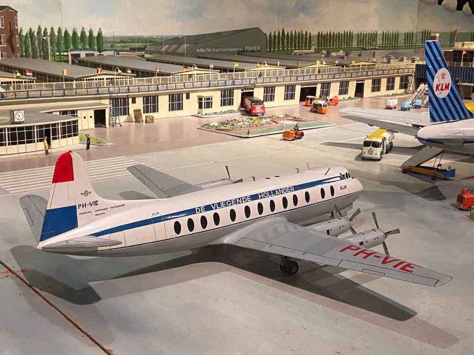 KLM Vickers Viscount 800 in 1/50 scale as part of the Amsterdam Schiphol airport re creation at the Aviodrome Aviation Museum. This model was likely made by Matthias Verkuyl, circa 1960.