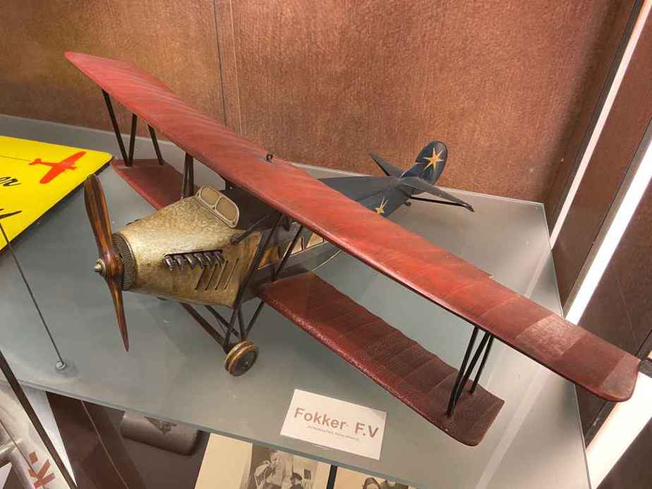 Vintage 1920s ear wooden Fokker F.V display model at the Aviodrome Aviation Museum.