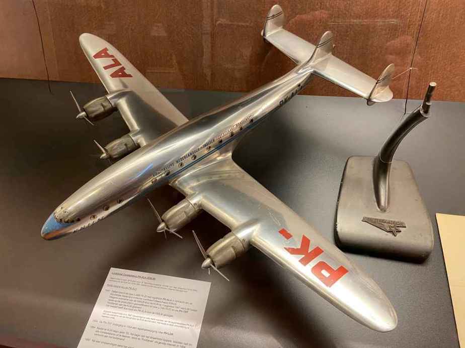 This is a 1/43 Lockheed factory sheet metal model of a KLM Lockheed 749 Constellation, circa late 1940s or early 1950s. This model is part of the Aviodrome Aviation Museum.