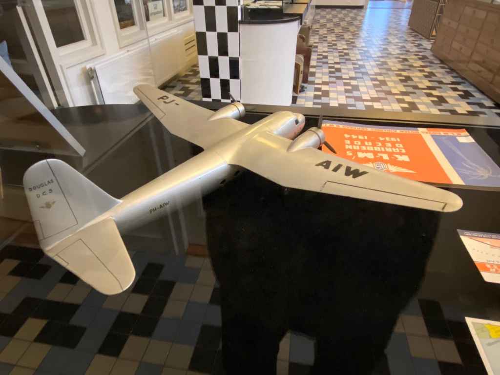 Large scale vintage wooden model of a Douglas DC-5 PJ-AIW circa 1940s at the Aviodrome Aviation Museum.