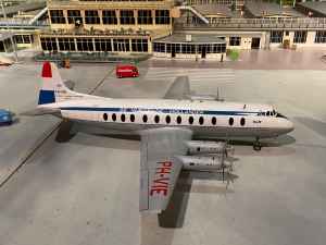 KLM Vickers Viscount 800 in 1/50 scale as part of the Amsterdam Schiphol airport re creation at the Aviodrome Aviation Museum. This model was likely made by Matthias Verkuyl, circa 1960.
