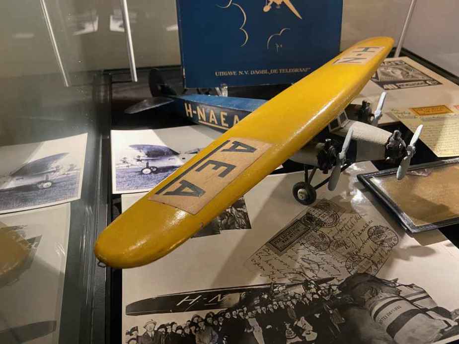 Vintage 1920s ear wooden KLM display model at the Aviodrome Aviation Museum. Type not indicated by the museum.