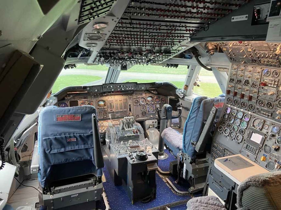 Flightdeck view of KLM 747-300 PH-BUK at Aviodrome, Netherlands.