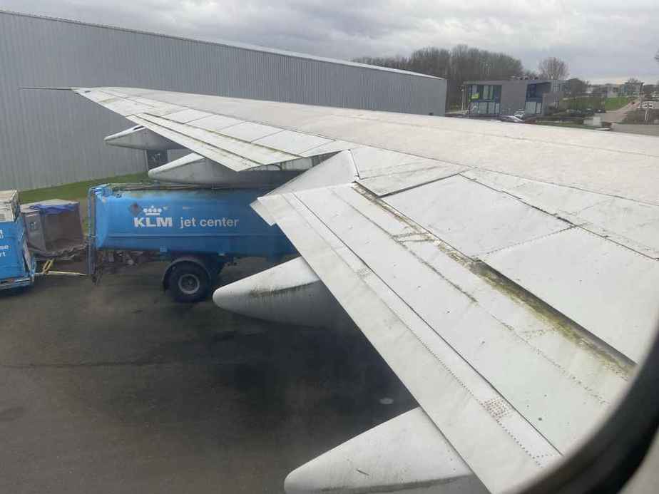 Once familiar wing view of KLM Boeing 747-300 PH-BUK at Aviodrome, Netherlands.
